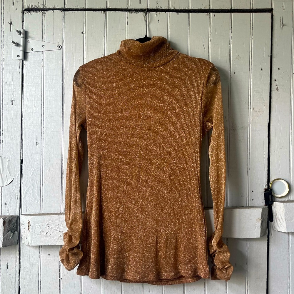 sparkly gold mesh ruched lightweight turtleneck, lined torso & sheer sleeves